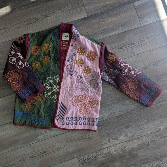 Zara Women's Quilted Patchwork Oversized Embroidered Kimono Jacket Granny M - Picture 5 of 15